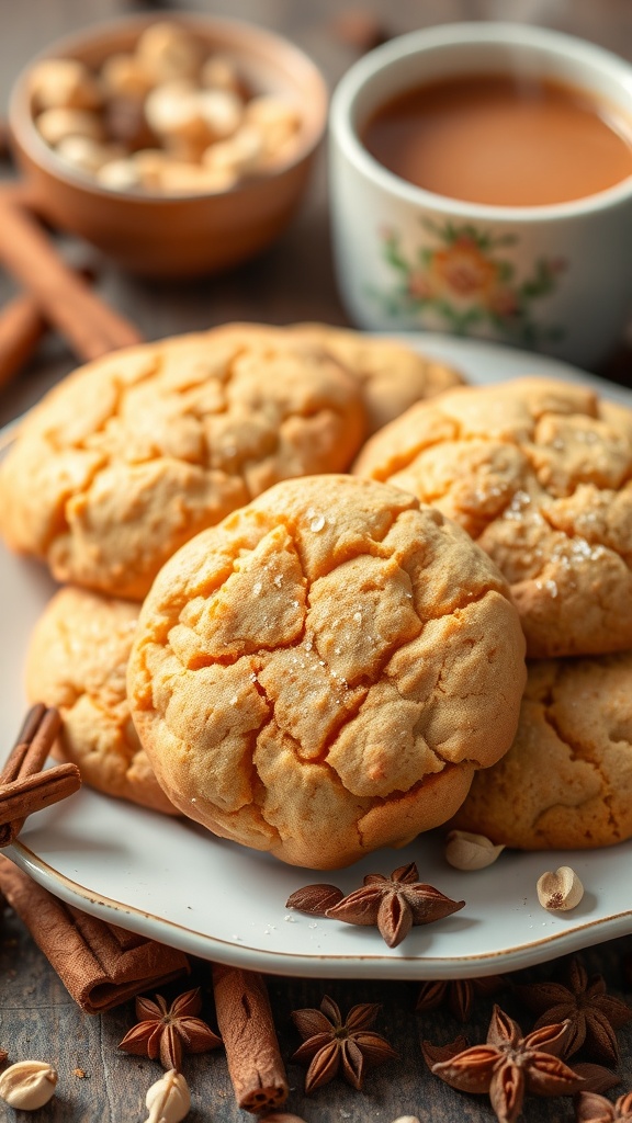 A tempting plate of chai spiced cookies with a cup of chai tea and spices like cinnamon in the background.
